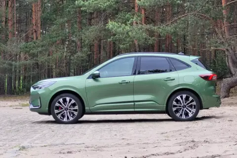 Zielony Ford Kuga Hybrid na tle sosnowego lasu. Elegancki SUV gotowy na przygodę.