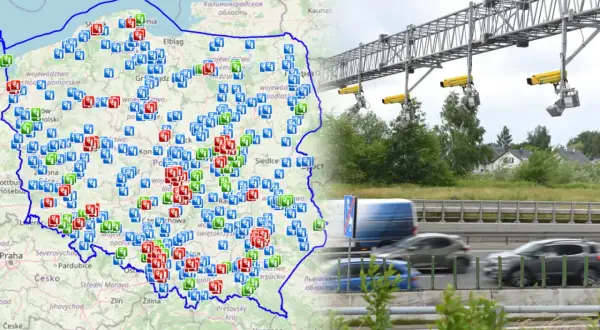 Mapa Polski z zaznaczonymi punktami odcinkowego pomiaru prędkości na A1 i innymi drogami. Kamery nad autostradą monitorują ruch.