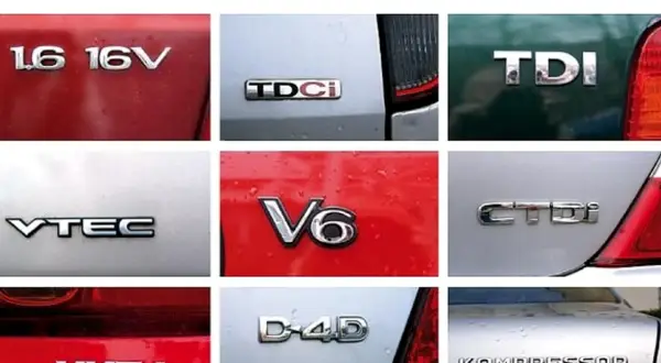 Oznaczenia silników samochodowych: 1.6 16V, TDCi, TDI, VTEC, V6, CTDi, D-4D. Niektóre z nich to oznaczenia silników diesel.