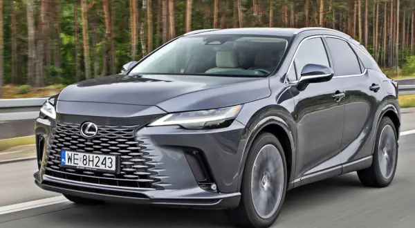 Szary Lexus RX jedzie przez las. Sprawdź aktualną lexus rx cena i wybierz swój wymarzony model.