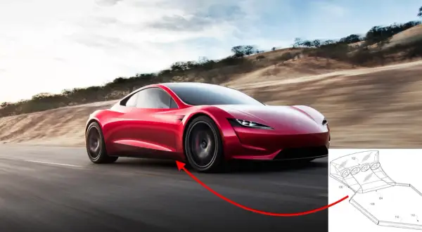 Czerwony Tesla Roadster pędzi po drodze, a schemat pokazuje jego innowacyjny system wentylacji.