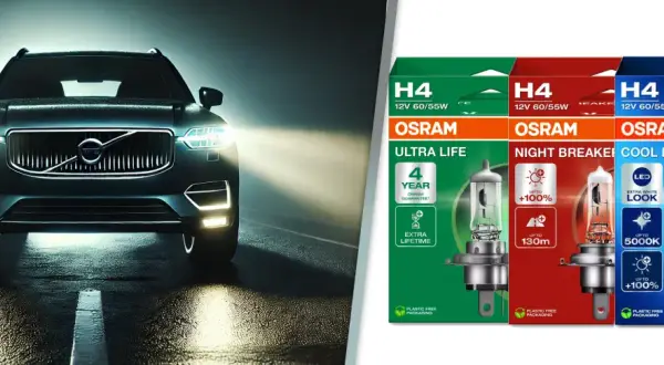 Ciemny samochód z włączonymi światłami drogowymi na mokrej drodze. Obok opakowania żarówek OSRAM H4: Ultra Life, Night Breaker, Cool Blue Intense.
