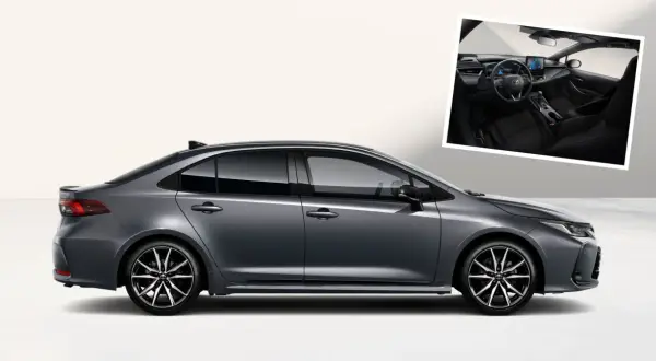 Nowoczesna Toyota Corolla 2026 w szarym kolorze, z widokiem na eleganckie wnętrze.