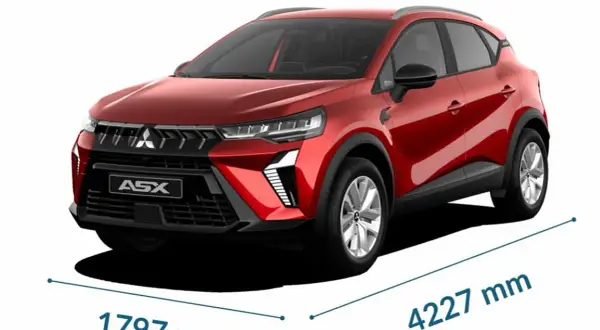 Czerwony Mitsubishi ASX, wymiary 1797 mm szerokości i 4227 mm długości. Wiele osób szuka mitsubishi asx opinie przed zakupem.