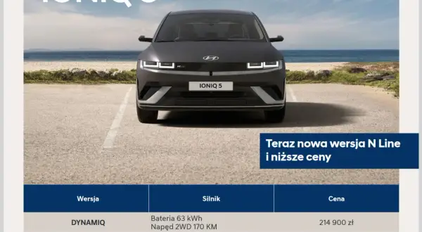 Hyundai Ioniq 5 cena: nowa wersja N Line i niższe ceny. Elektryczny SUV na tle plaży.