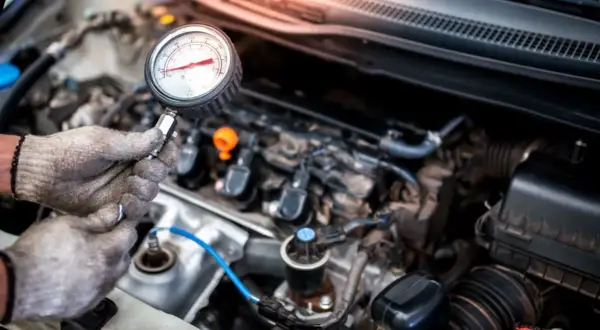Mechanik sprawdza ciśnienie w cylindrach silnika benzynowego za pomocą manometru.