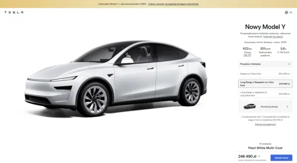 Biały Tesla Model Y, wersja Long Range z napędem na tylne koła, cena 219 990 zł. Dostępne też inne konfiguracje.
