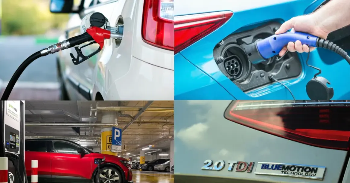 Tankowanie auta, ładowanie elektryka, stacja ładowania i znaczek 2.0 TDI.