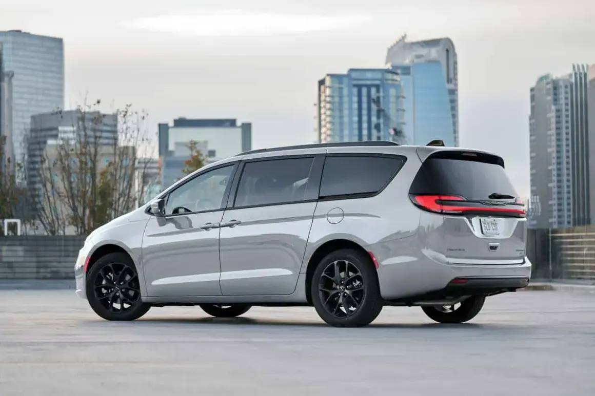 Srebrny Chrysler Pacifica z czarnymi felgami na tle nowoczesnych budynków miejskich.