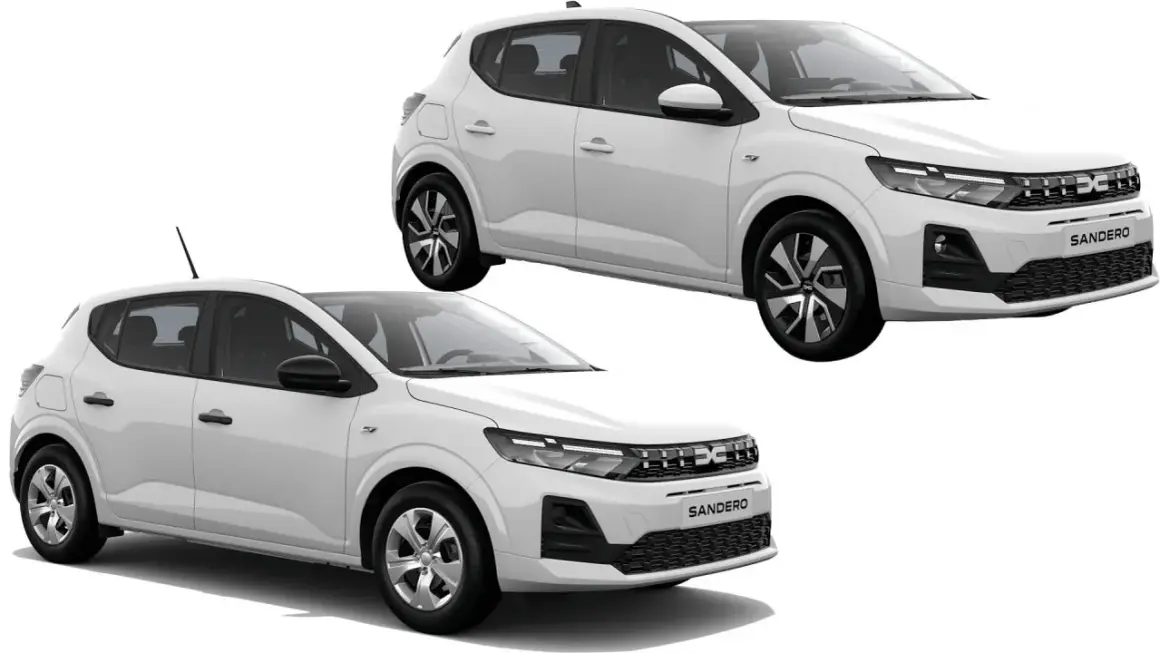 Dwie białe, nowa Dacia Sandero, prezentują nowoczesny design z charakterystycznym grillem i światłami LED.