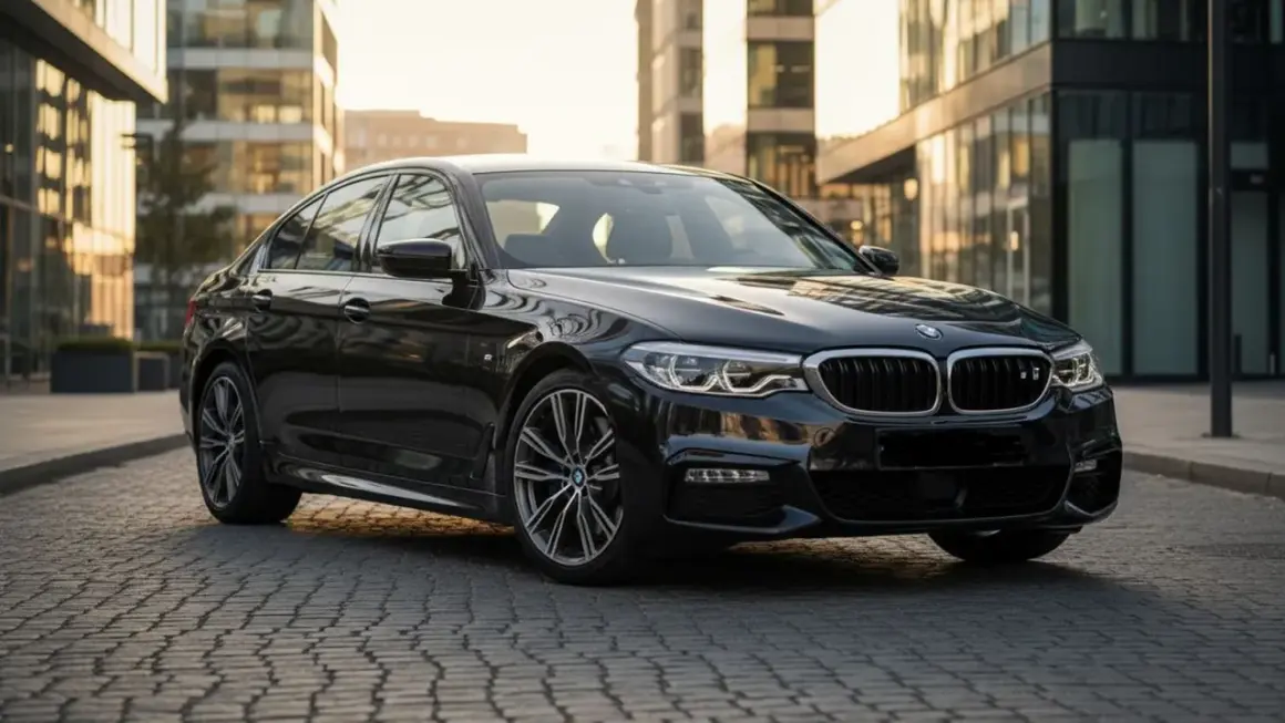 Czarny BMW M5 G30 lśni w słońcu na tle nowoczesnych budynków.