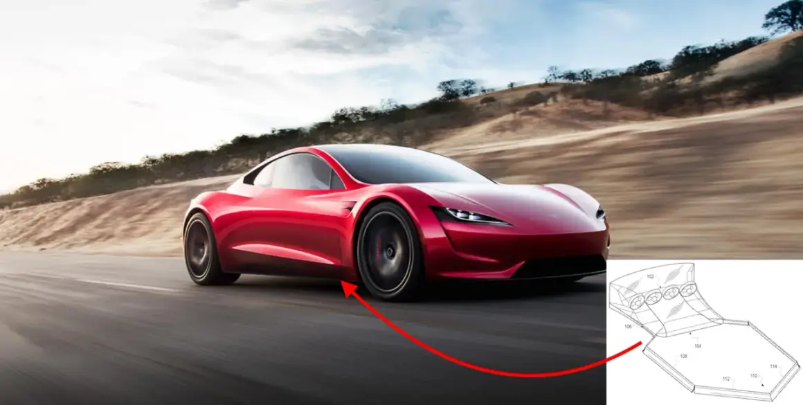 Czerwony Tesla Roadster pędzi po drodze, a schemat pokazuje jego innowacyjny system wentylacji.