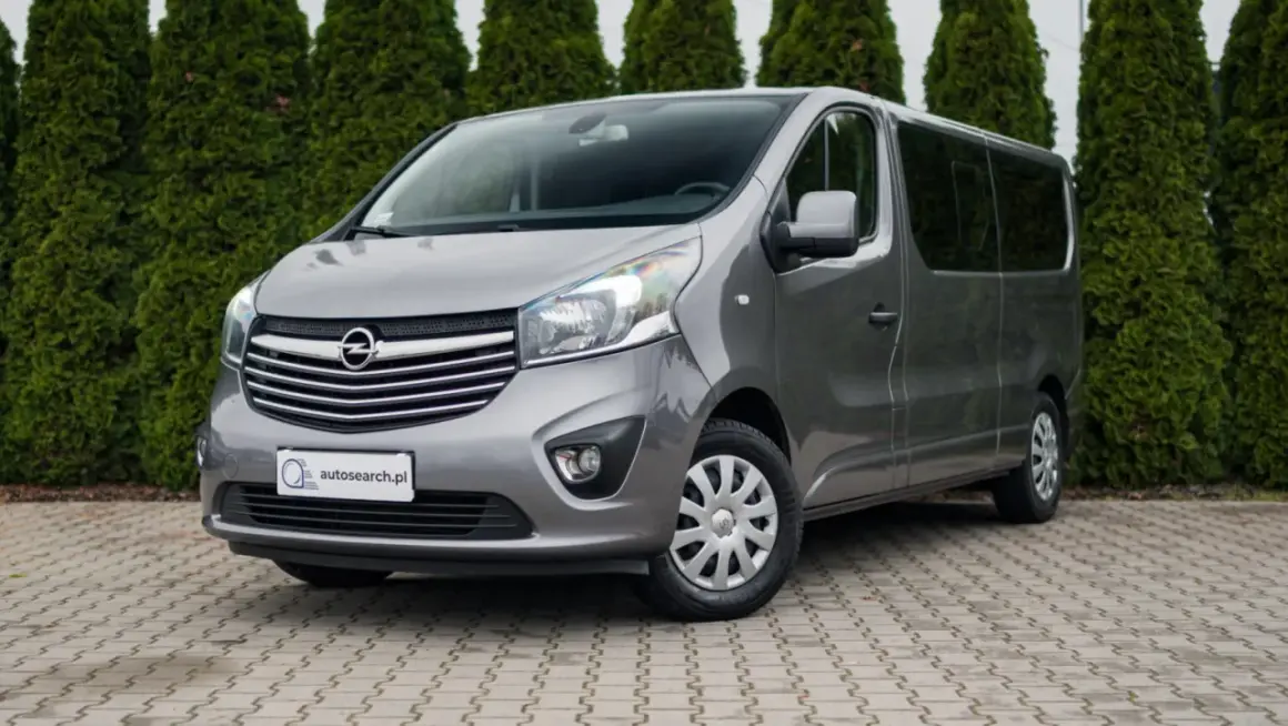 Szary Opel Vivaro, jeden z popularnych modeli Opla, zaparkowany przed żywopłotem.