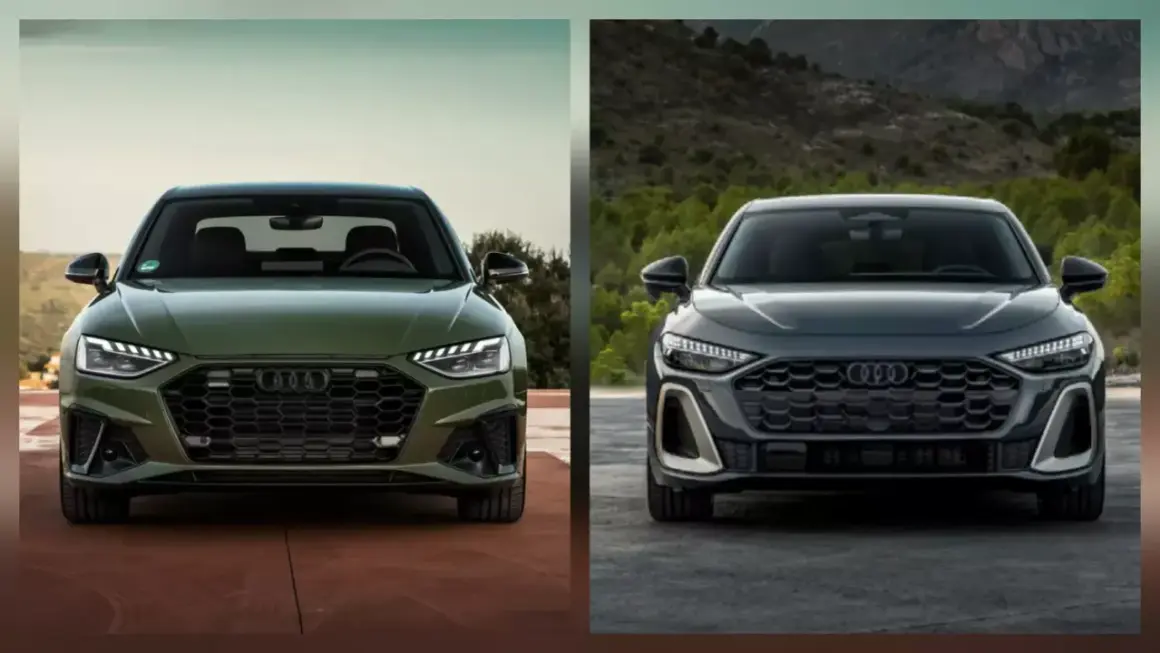 Dwa najnowsze Audi, zielone i ciemnoszare, prezentują swoje agresywne grille i nowoczesne reflektory.