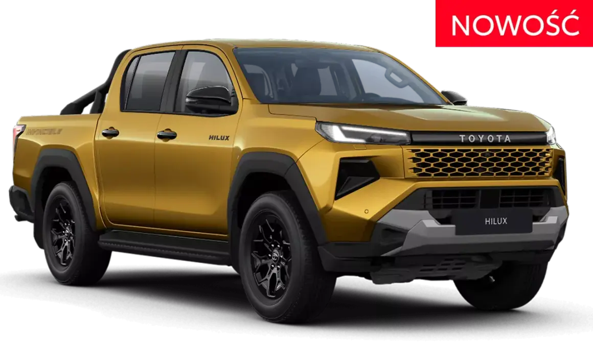 Złoty Toyota Hilux 2025 Invincible, nowy model z nowoczesnym grillem i światłami LED. Gotowy na każdą przygodę.