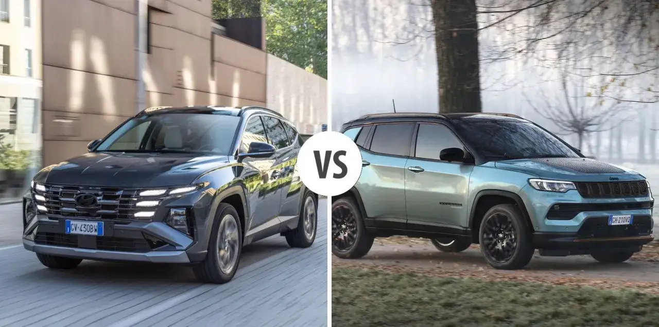 Porównanie: nowoczesny Hyundai i stylowy Jeep Compass 2025 na tle miejskiego krajobrazu i zimowej przyrody.