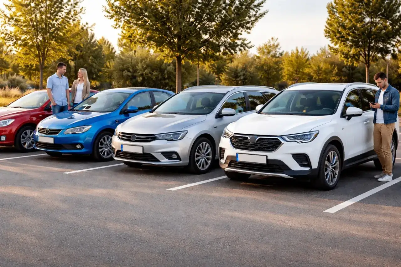 Para, co to jest hatchback? Para rozmawia przy niebieskim samochodzie, obok stoją czerwony, srebrny i biały.