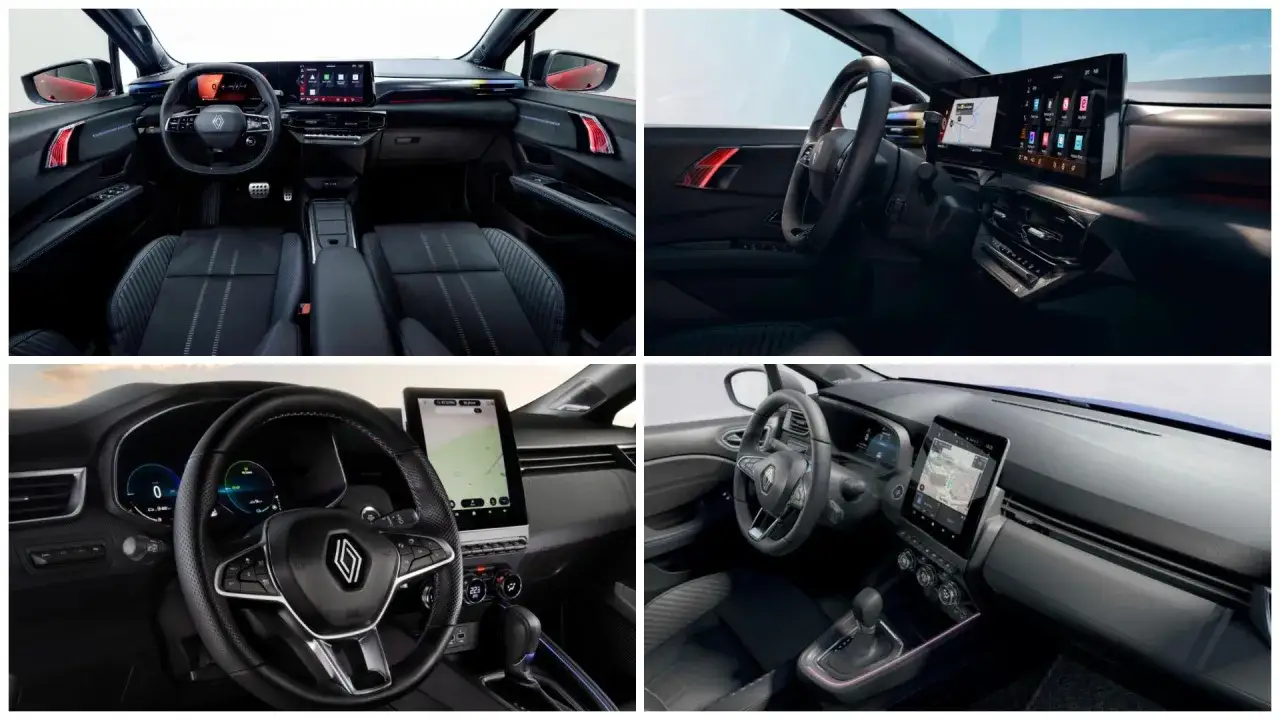 Wnętrze nowego Renault Clio: nowoczesny kokpit z dużym ekranem multimedialnym, cyfrowe zegary i sportowe fotele.
