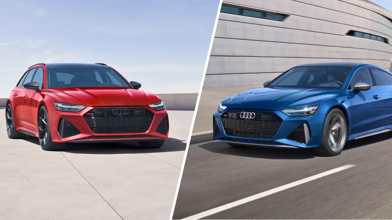 Dwa sportowe Audi: czerwone RS6 Avant i niebieskie RS7 Sportback, gotowe do dynamicznej jazdy.