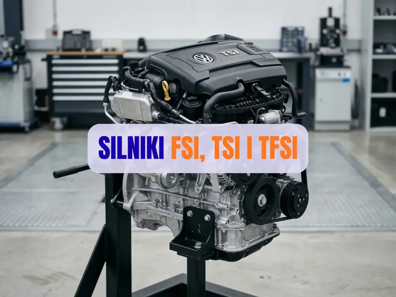 Silnik TSI Volkswagena, prezentowany na stojaku w warsztacie, to serce wielu nowoczesnych samochodów.