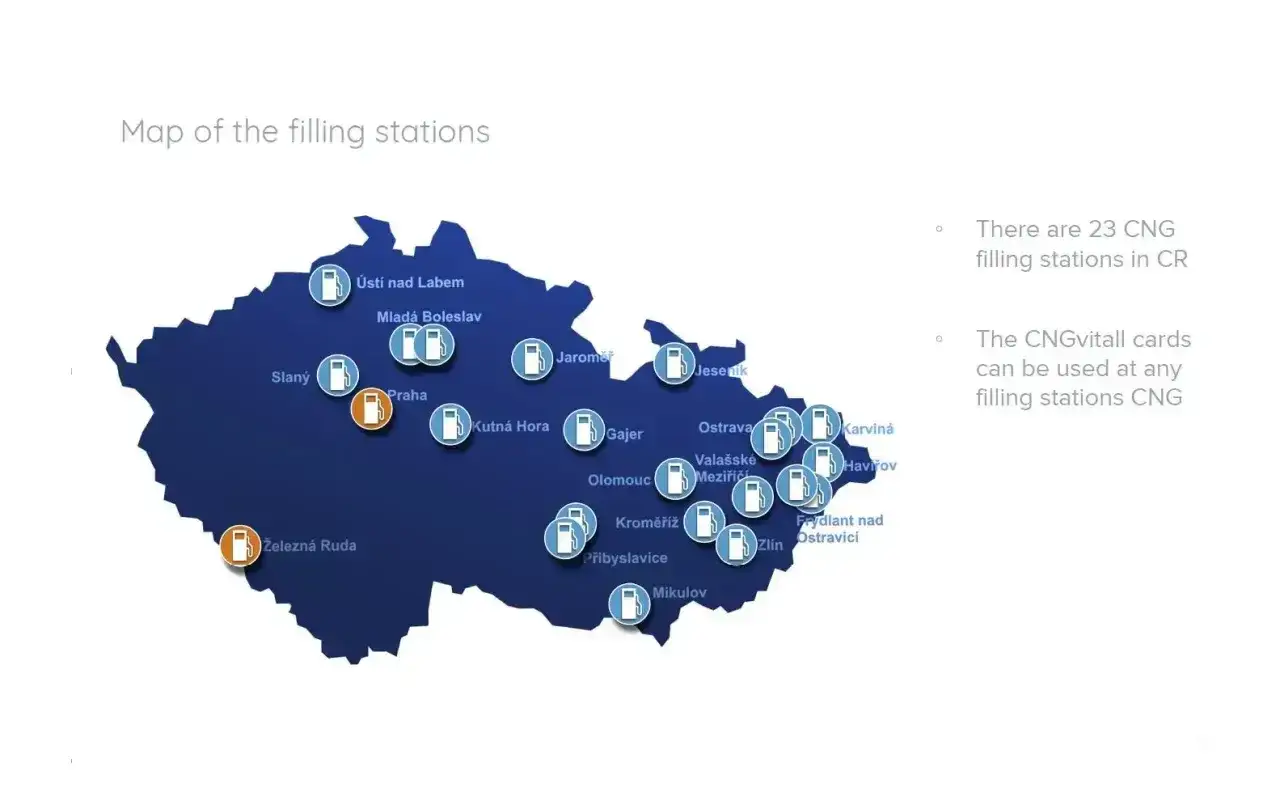 Mapa stacji CNG w Czechach. Znajdź, gdzie zatankuje cng, korzystając z 23 punktów.