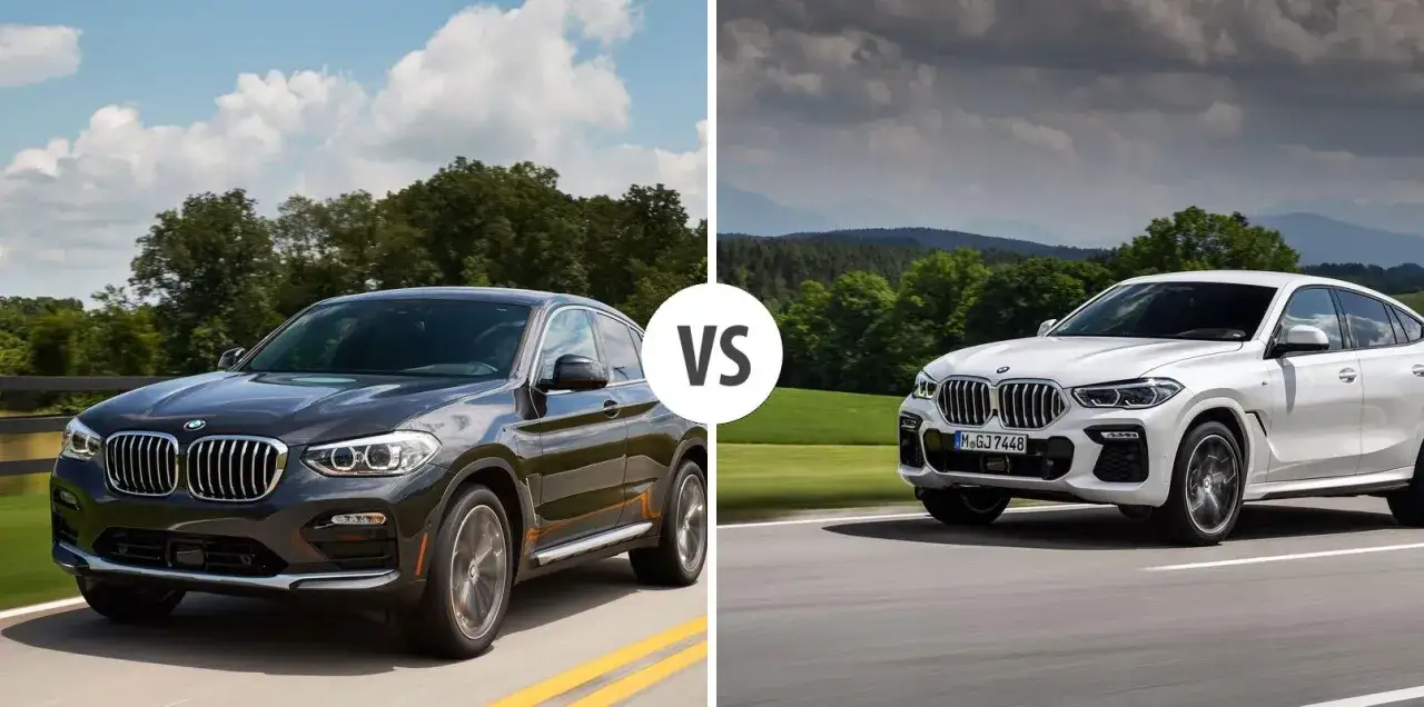 Dwa BMW: ciemnoszary SUV i białe x6 bmw coupe, jadące po drogach pośród zieleni.