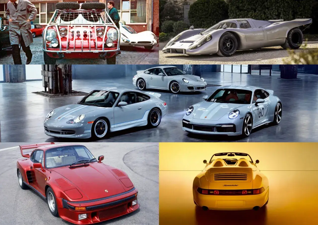 Kolaż prezentujący różne modele Porsche: od klasycznych wyścigowych, przez współczesne coupe, po kultowe modele z lat 80. i 90.