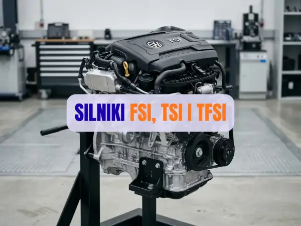 Silnik TFSI, serce nowoczesnej motoryzacji, prezentowany na stojaku w warsztacie.