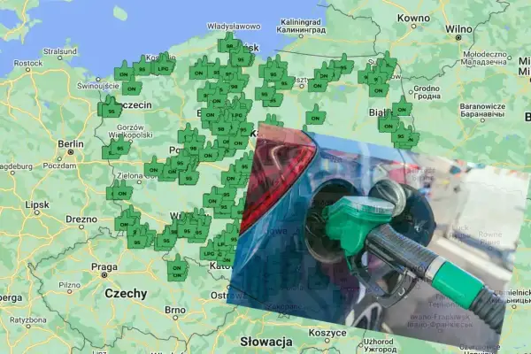 Mapa Polski i okolic z zaznaczonymi stacjami paliw. Gdzie zatankuje CNG? Widoczna jest ikona dystrybutora paliwa.