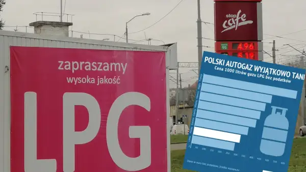 Na plakacie informacja o cenie LPG. Wykres pokazuje, ile waży lpg w porównaniu do innych krajów.