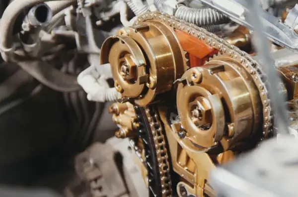 Zbliżenie na mechanizm rozrządu silnika diesla z widocznym łańcuchem i kołami zębatymi.